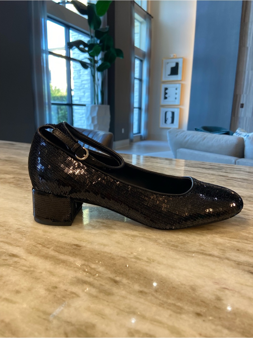 Marc Fisher Black Sequin Mary Jane Block Heel